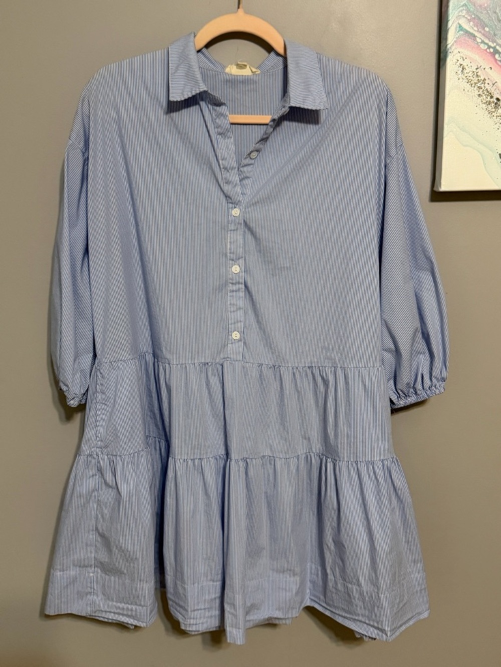Elan Babydoll Ruffle Dress Blue Pinstripe Button Tunic